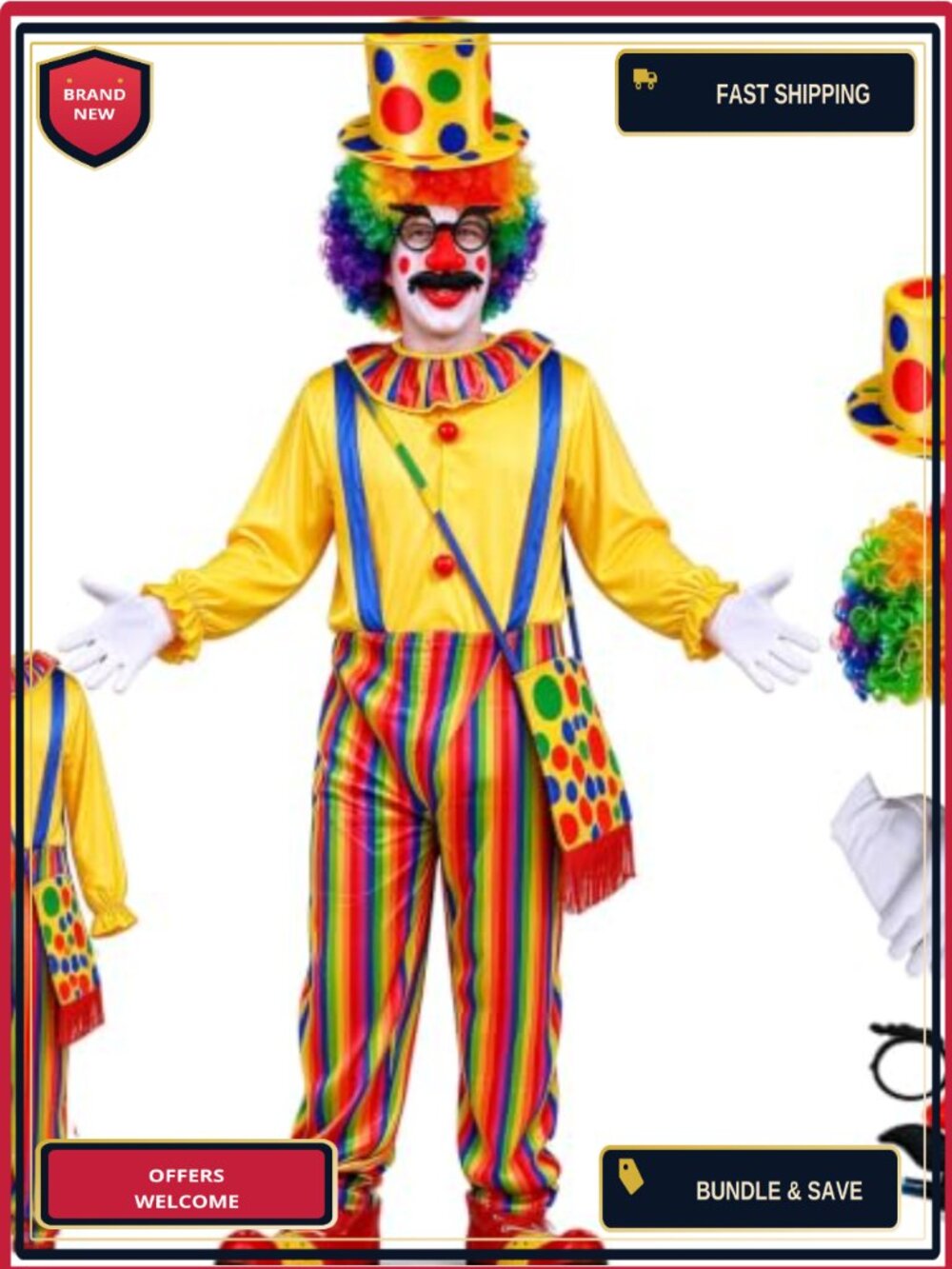 Adult Clown Costume 7-Piece Jumpsuit Wig Hat Gloves Bag Glasses